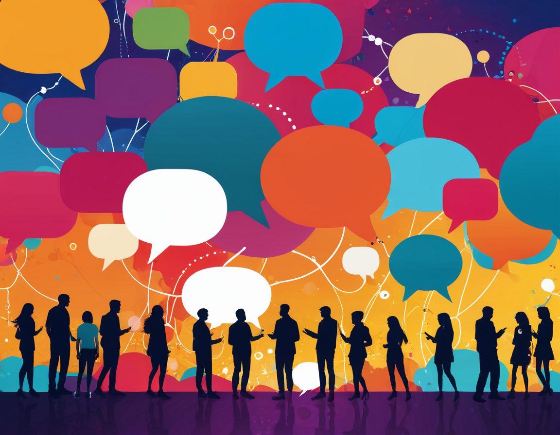 A colorful, dynamic digital landscape filled with diverse people engaging in lively discussions, represented by flowing speech bubbles and connectivity lines. Intersecting paths of chat bubbles forming a web-like structure, with icons of various digital platforms intertwined. Vibrant colors. vector art.