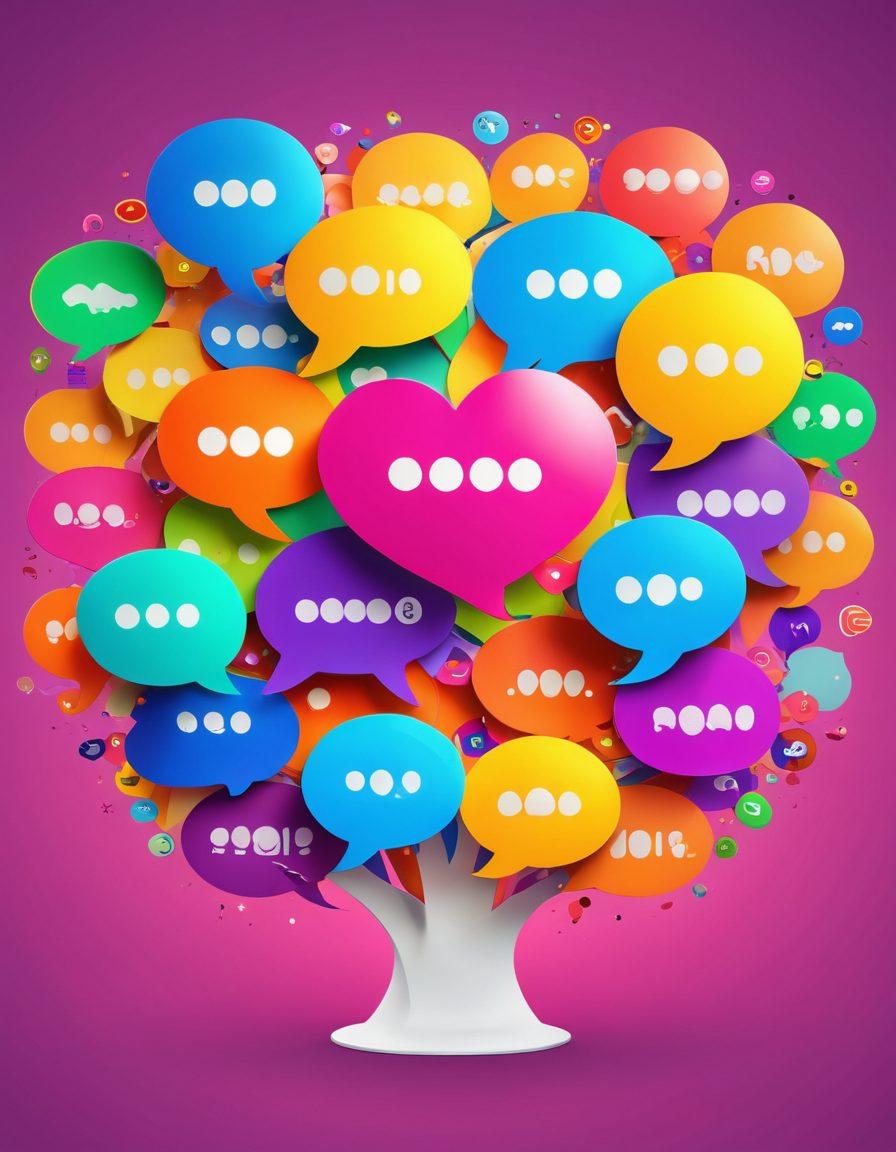 A bustling online discussion board filled with colorful speech bubbles, diverse avatars, and a dynamic web of connections. Each avatar is actively engaged, sharing ideas, and sparking conversations. A radiant heart at the center symbolizes the vibrancy and core energy of user-generated content. vibrant colors. 3D.